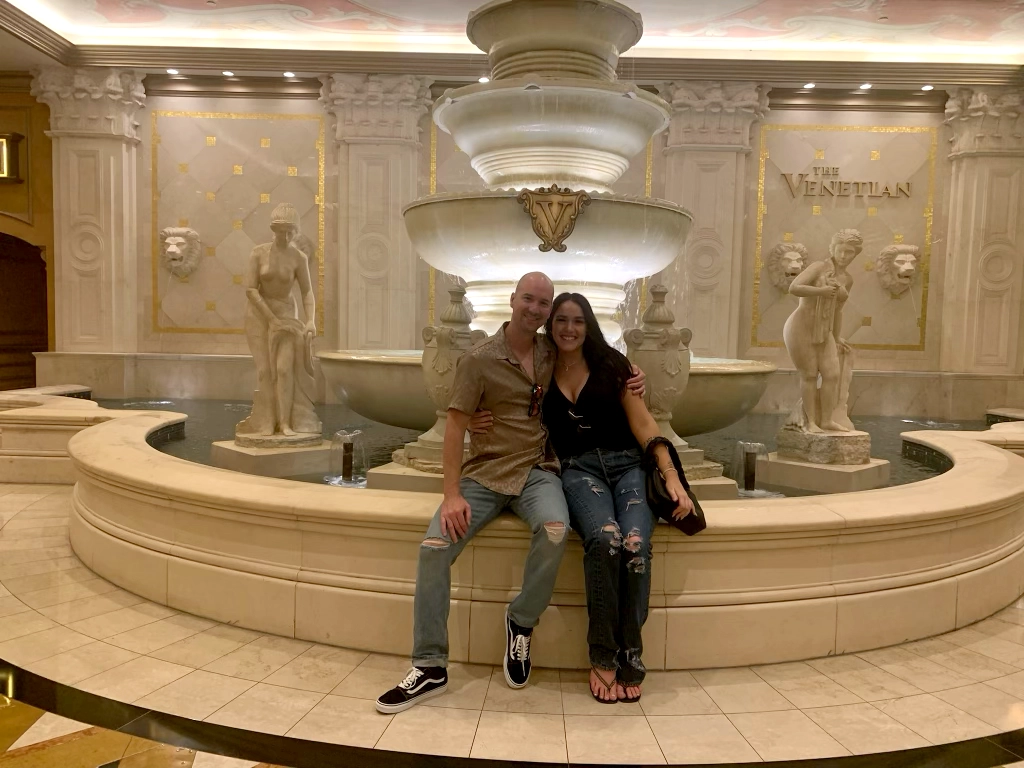 Morgan and Bristol, founders of Vegas Vibes and Beyond, posing in front of one of many beautiful fountains located at The Venetian in Las Vegas.